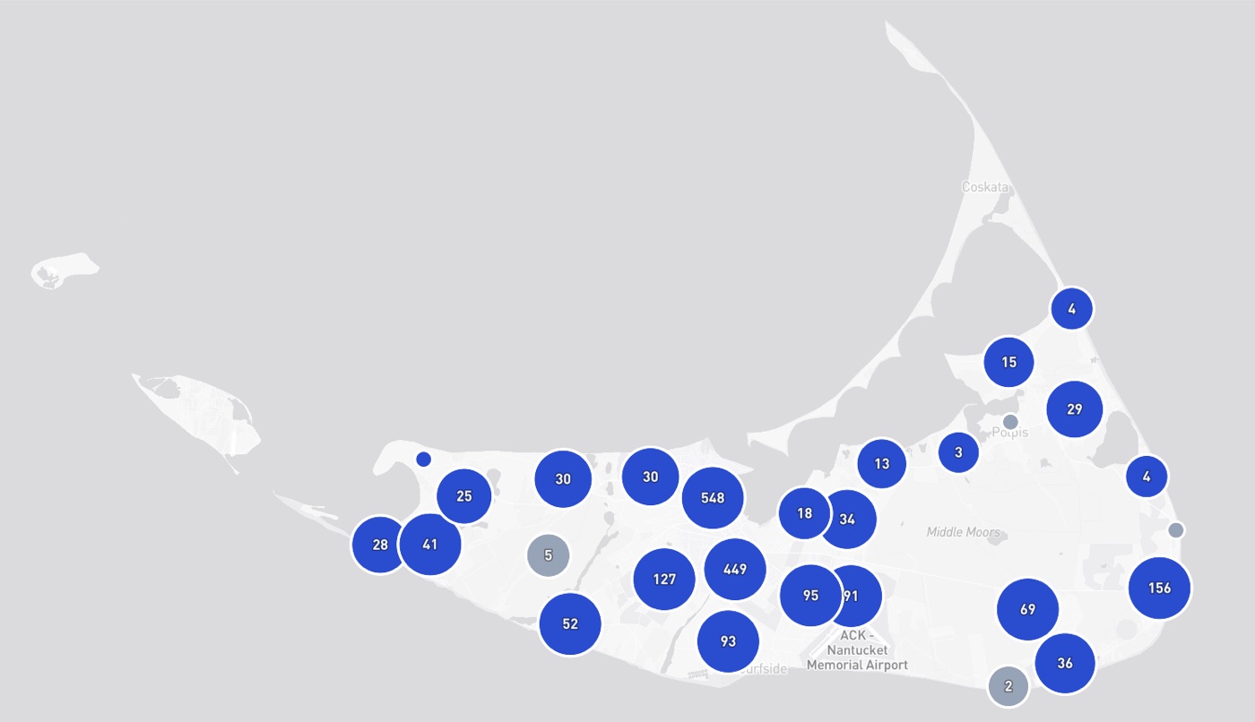 Map of Nantucket from our property model, with properties grouped by area